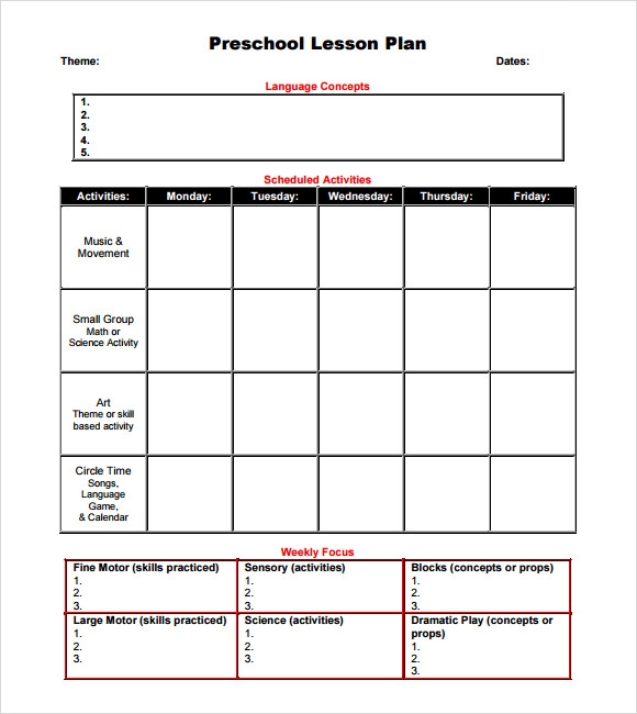 Printable Preschool Lesson Plan Forms Printable Forms Free Online