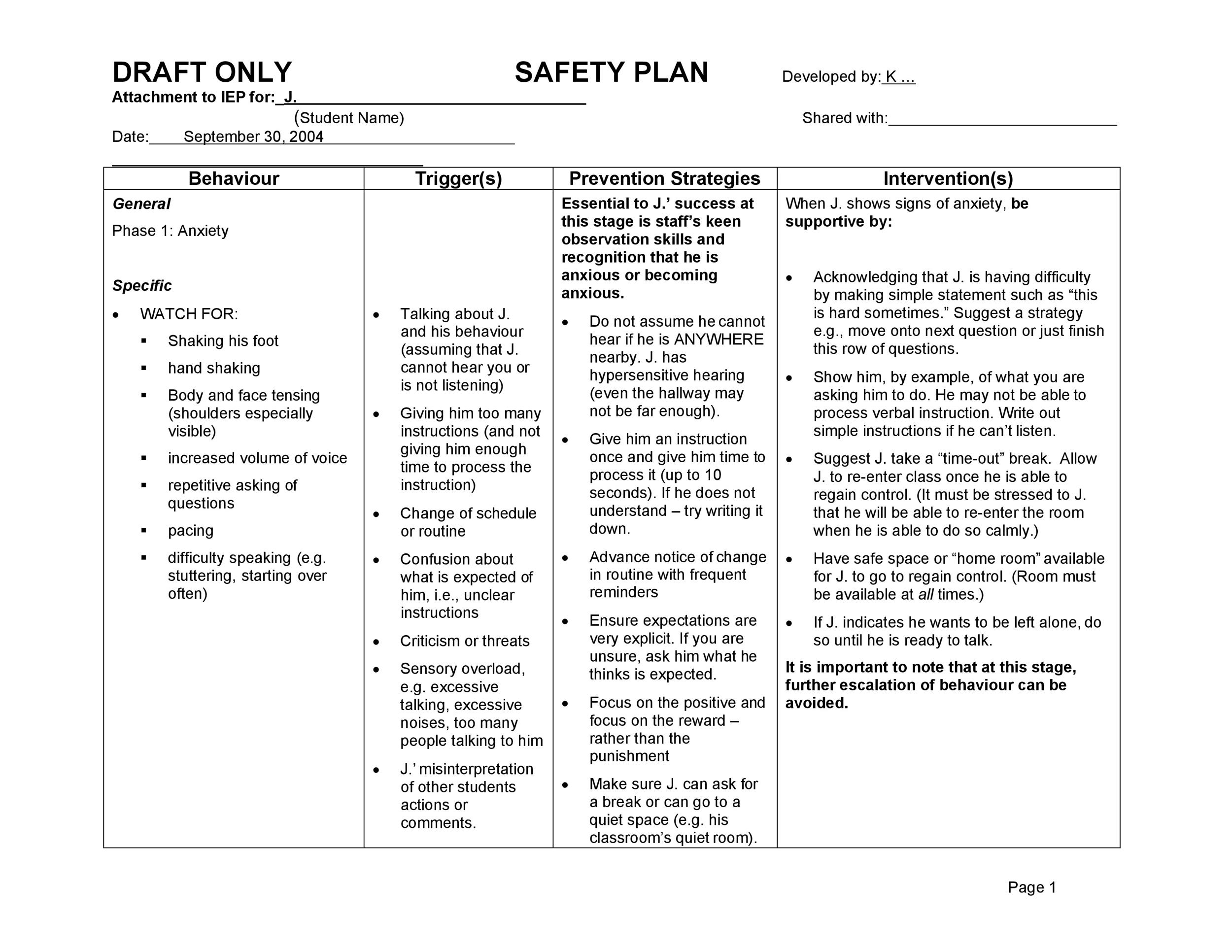 Printable Safety Plan