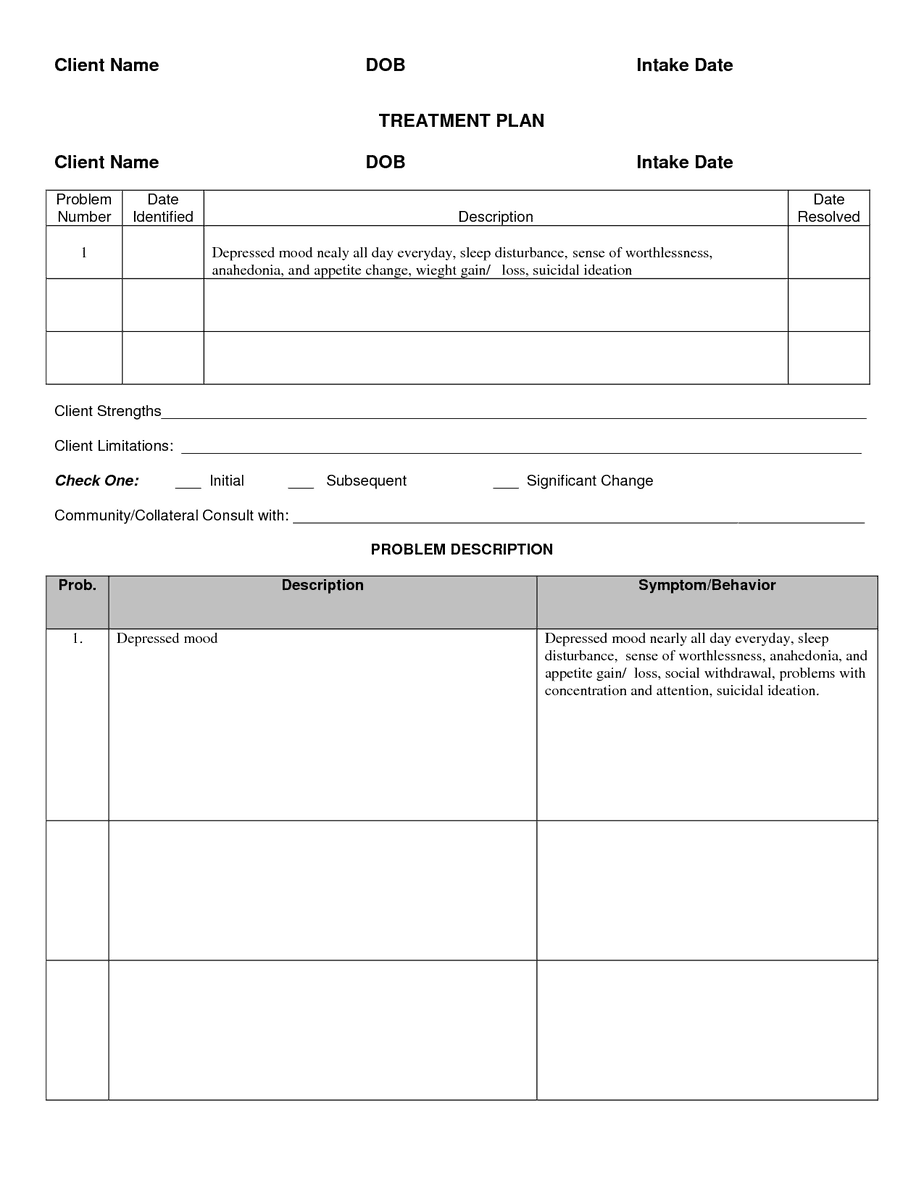 Printable Treatment Plan Template