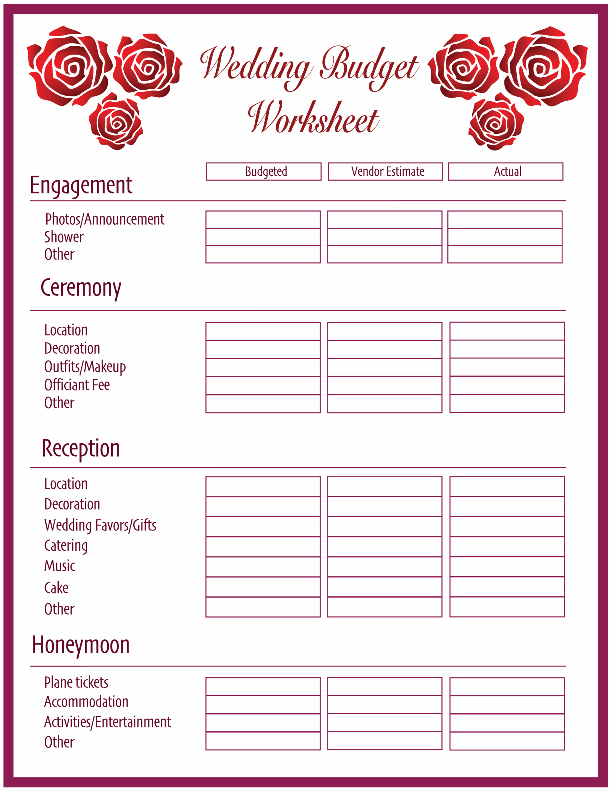 Printable Wedding Budget Printable World Holiday