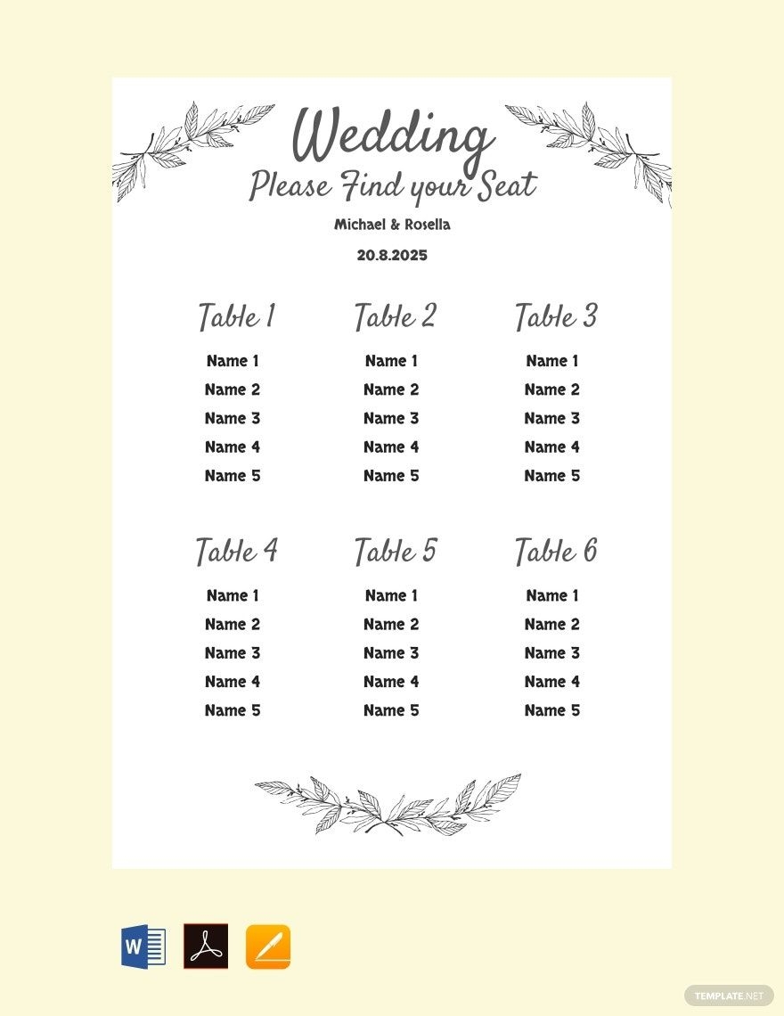 Printable Wedding Seating Chart Template In Word PDF Pages Google 