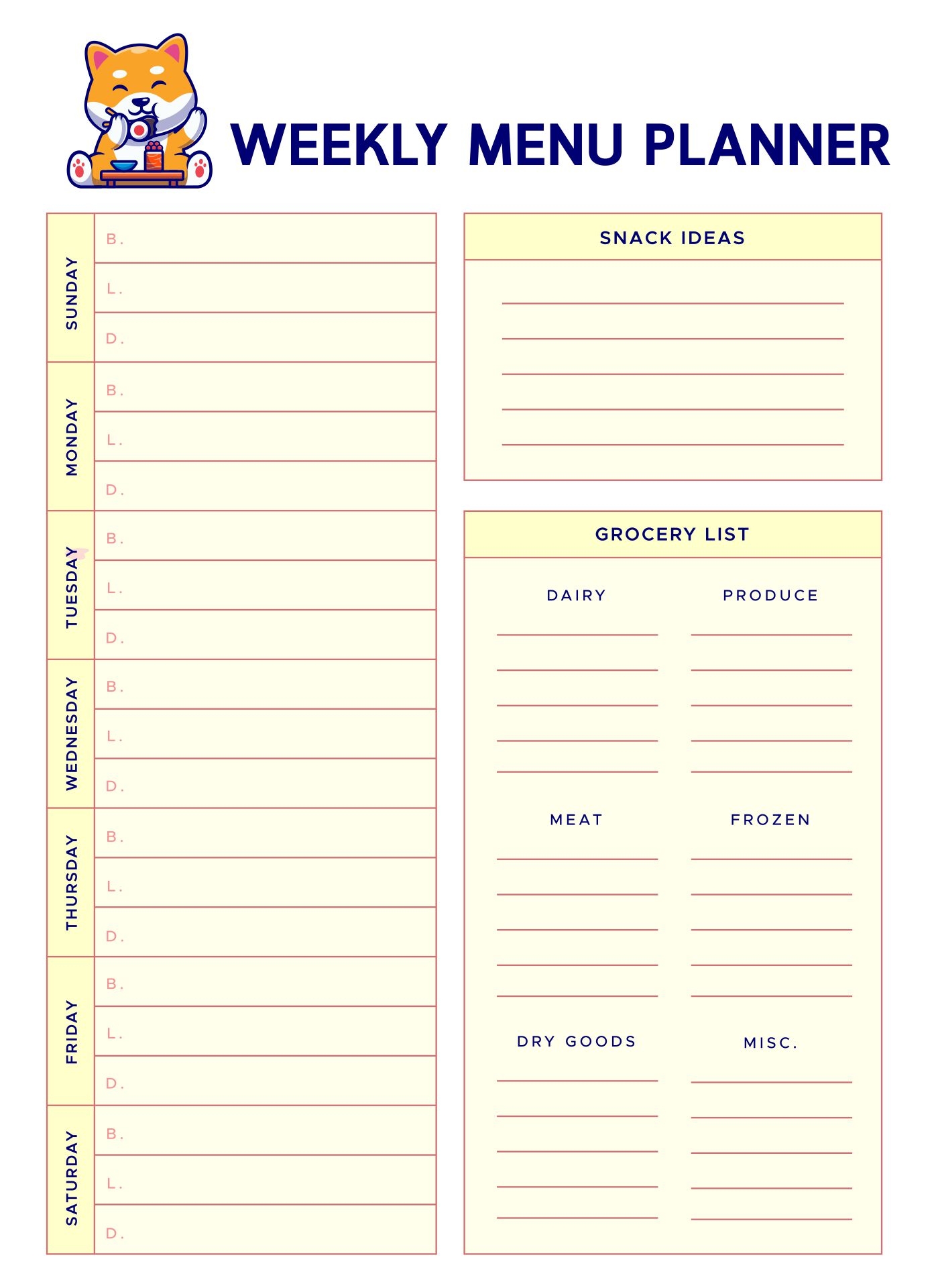 Printable Weekly Meal Planner Grocery List