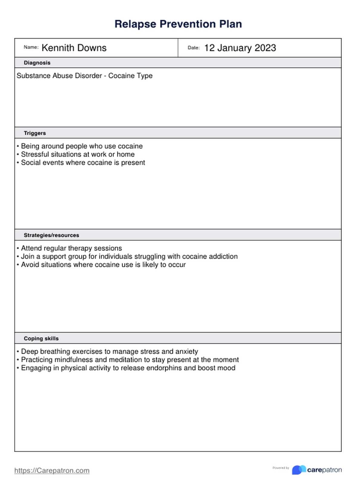 Relapse Prevention Plan Example Free PDF Download