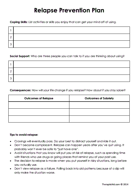 Relapse Prevention Plan Version 2 Worksheet Therapist Aid Printable 
