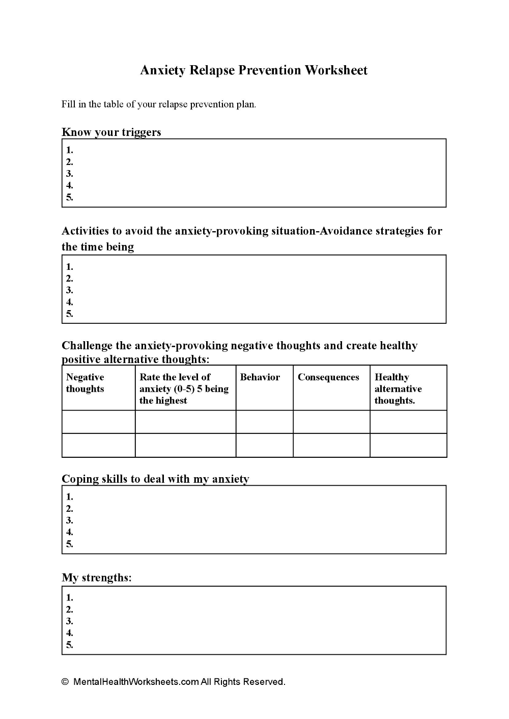 Relapse Prevention Plan Worksheet Printable Word Searches