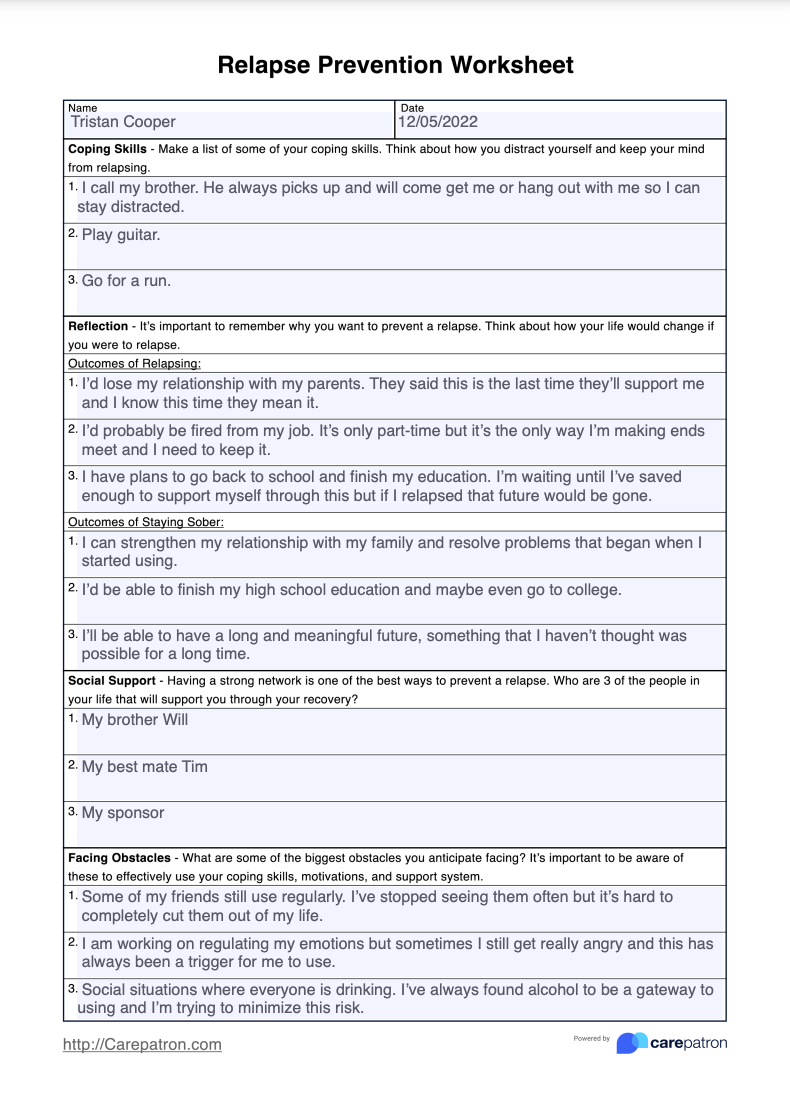 Relapse Prevention Worksheet Example Free PDF Download