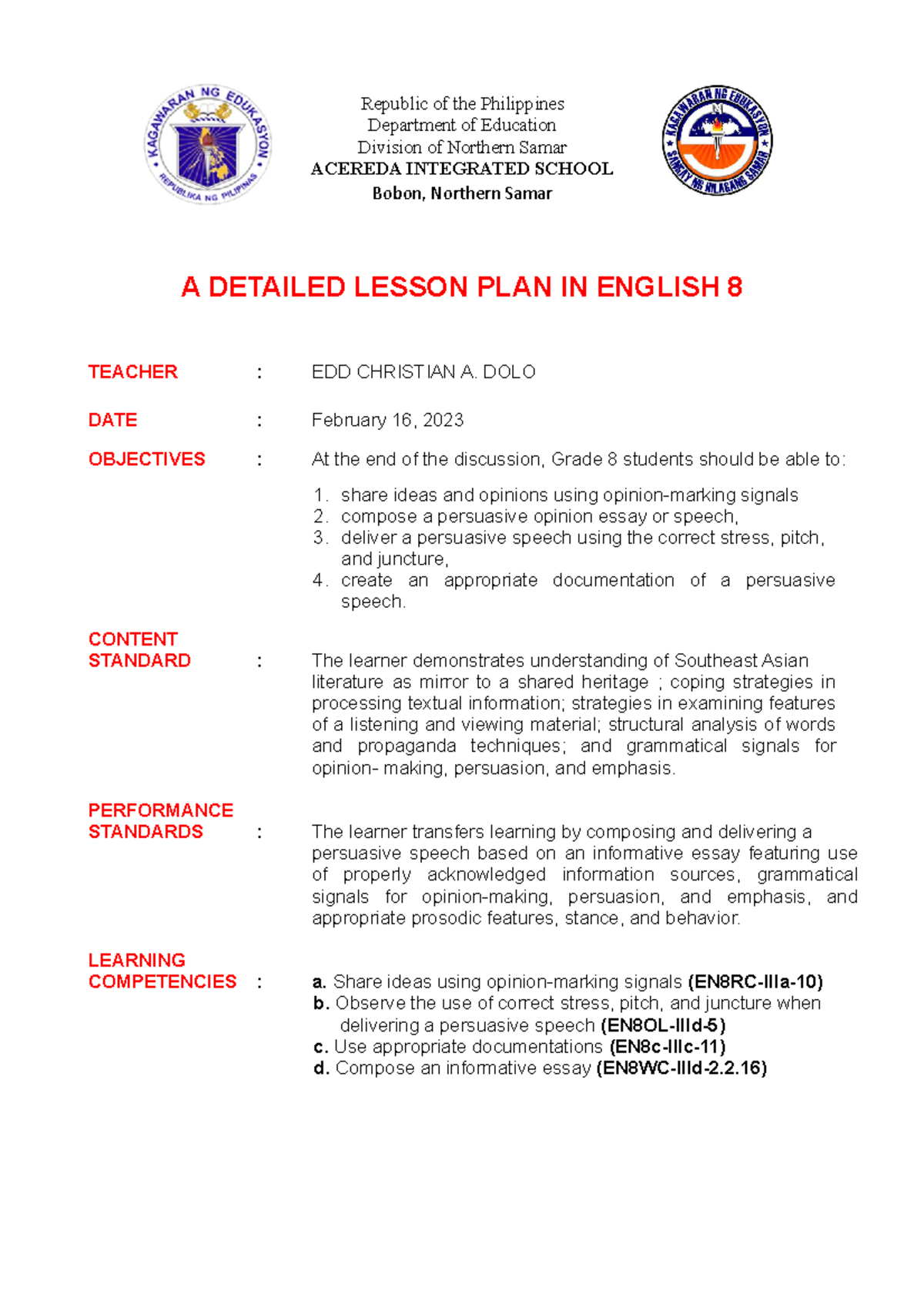 Semi Detailed Lesson Plan Deped Format Elementary Printable Templates 