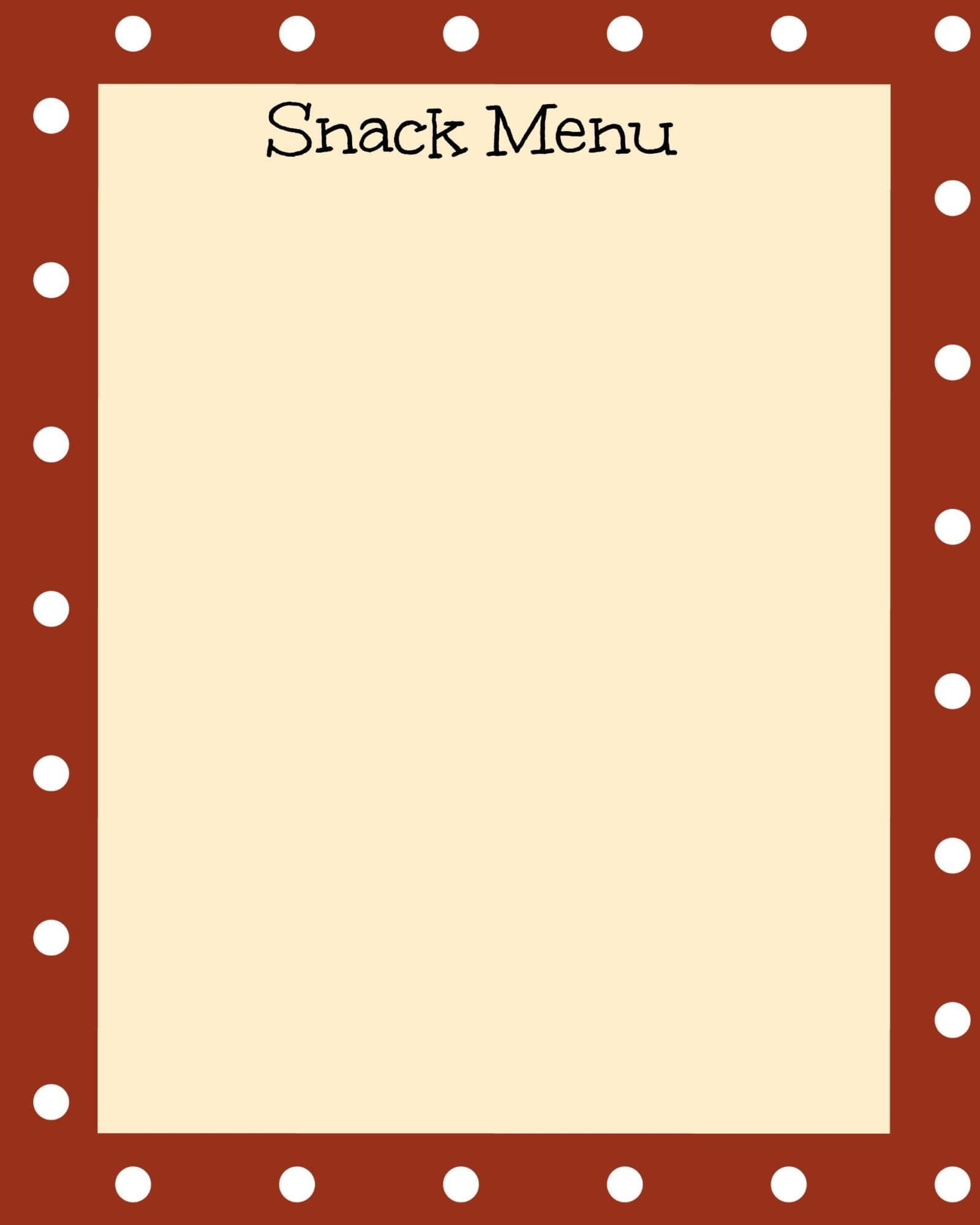 Snack Menu Printable
