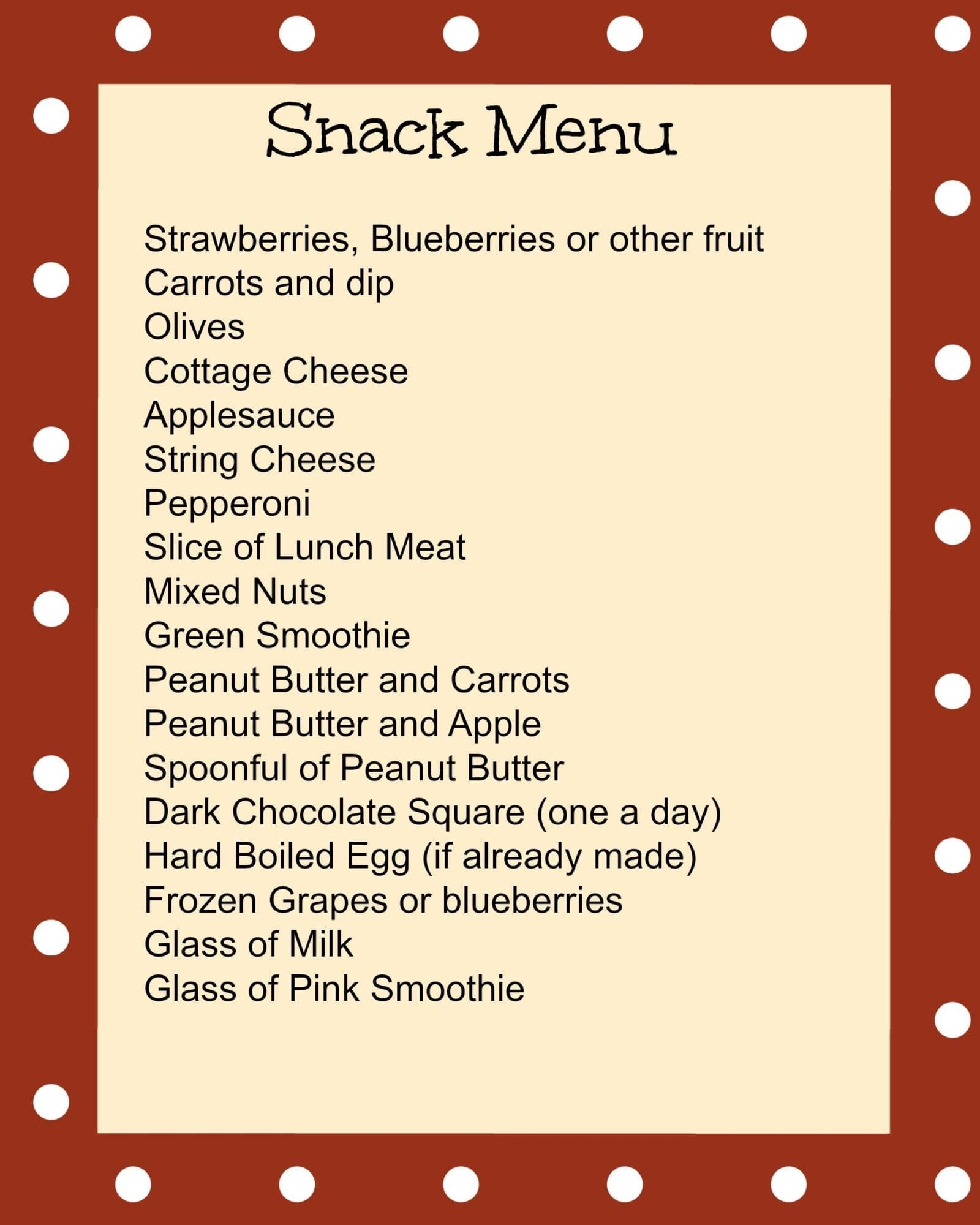 Snack Menu Printable
