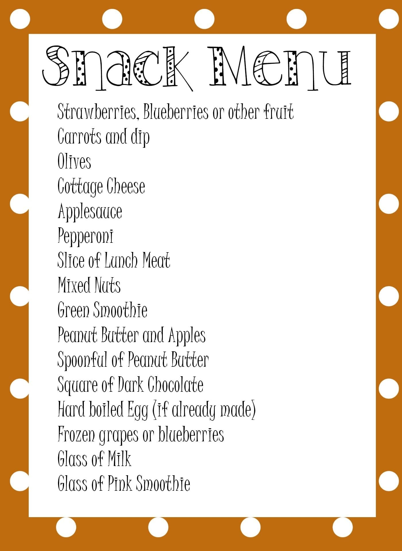 Snack Menu Printable