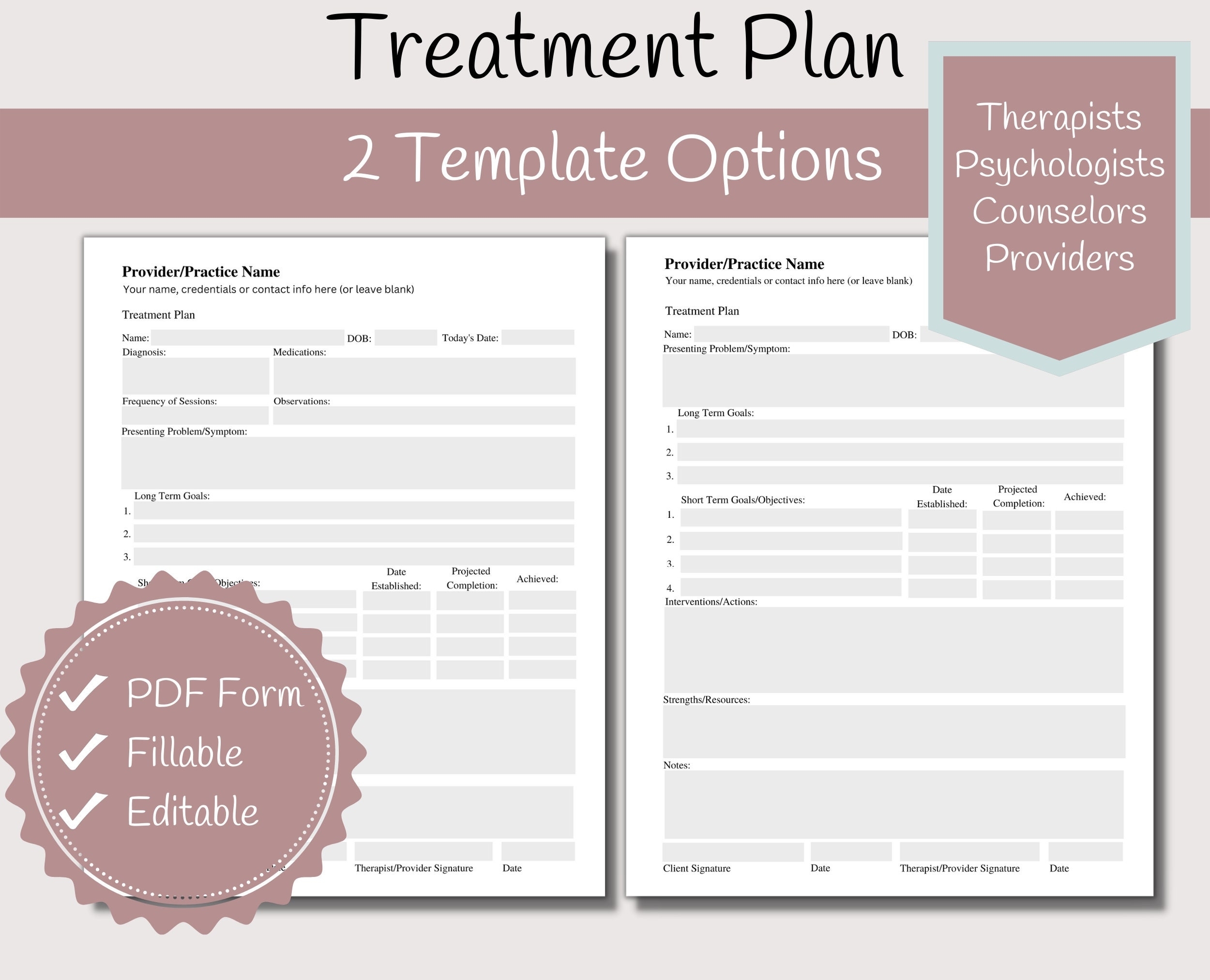 Treatment Plan Template For Therapists Printable Fillable Etsy De 