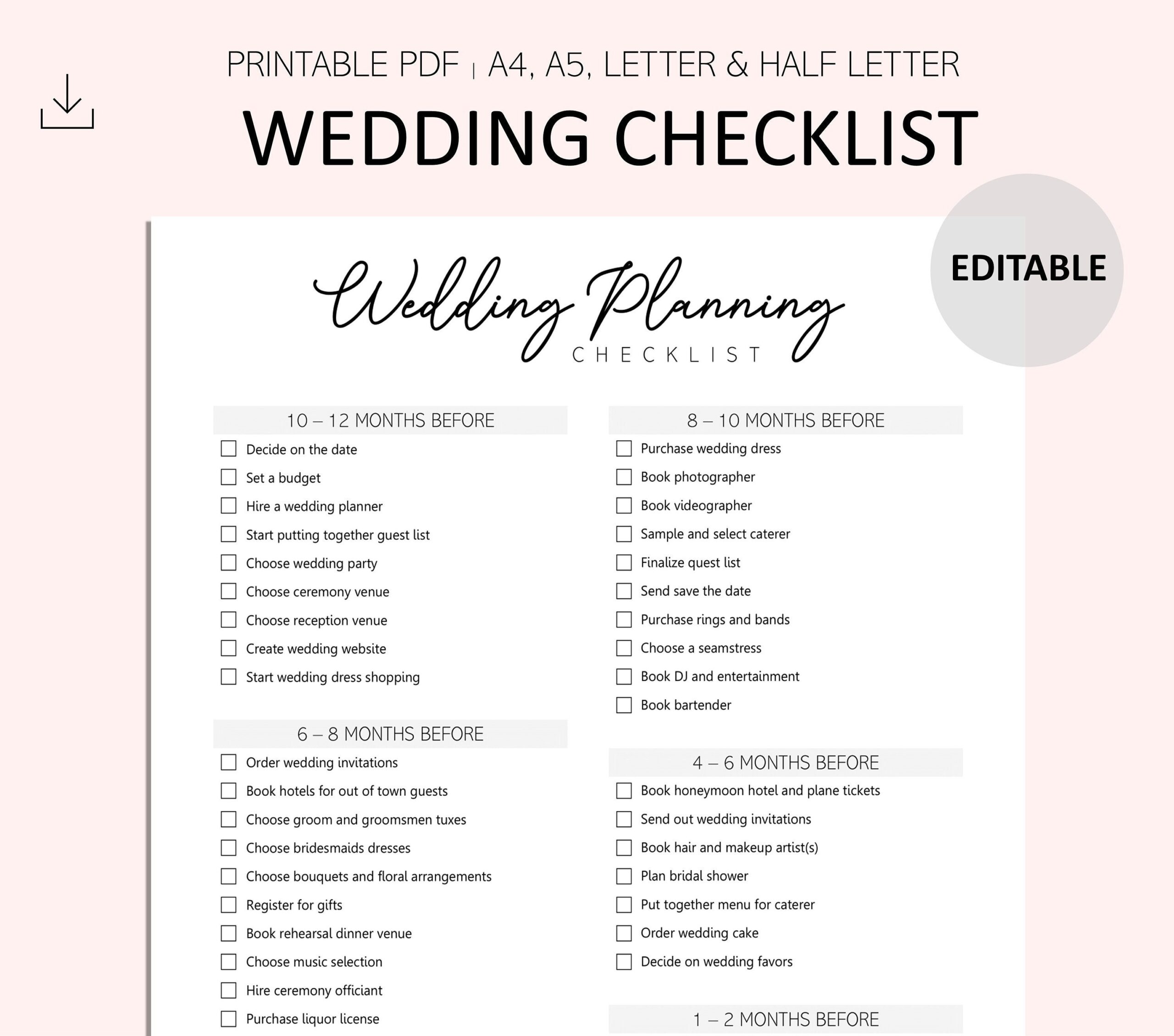 Wedding Planning Checklist Printable PDF And Excel FREE 58 OFF