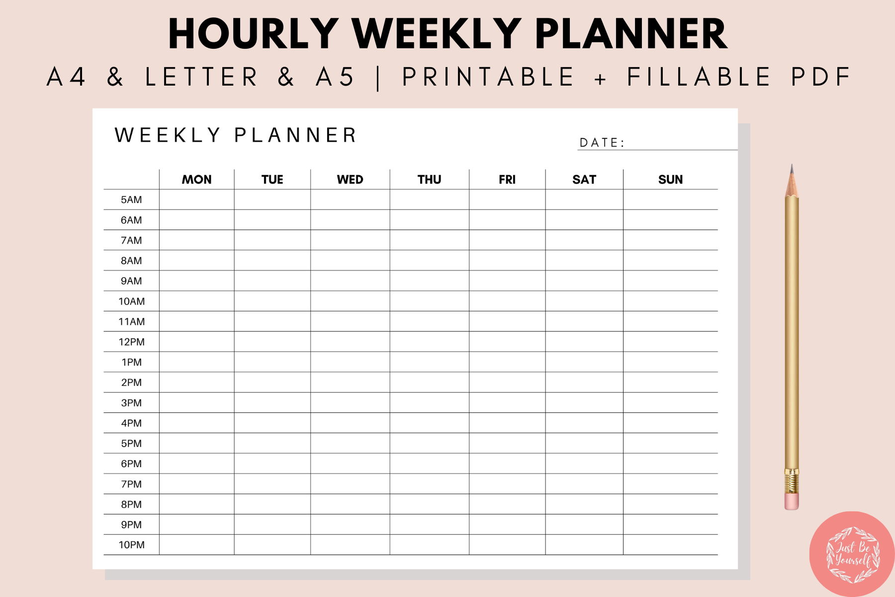Weekly Hourly Planner Printable Fillable Form 2025